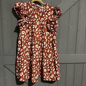 Jodifl Brown Leopard Print Ruffle Sleeve Swing Dress Mock Neck Size L Polyester